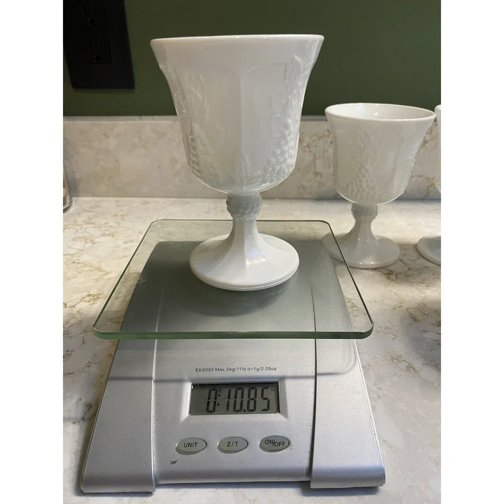 Set of 4 White Milk Glass Grape Pattern Pedestal Goblets 10 oz Vintage Drinkware